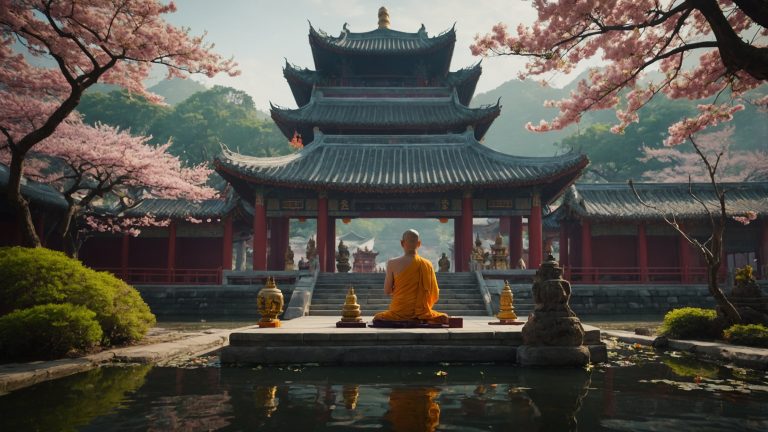 Illustration d'une scène de bouddhisme chinois dans un complexe de temple traditionnel.