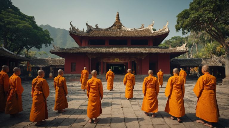 Pratiquants bouddhistes au Vietnam participant à des cérémonies traditionnelles dans une pagode sereine.