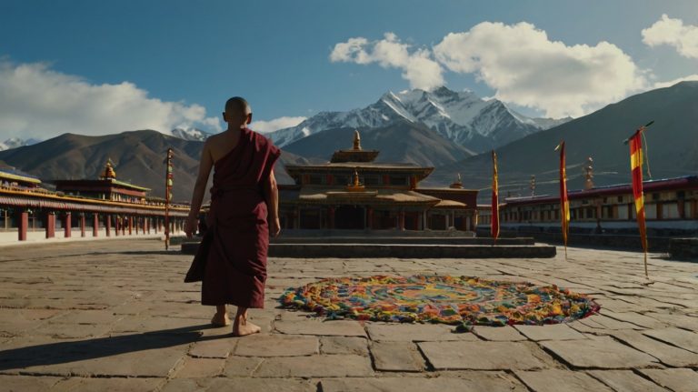 Image d'un monastère tibétain avec des décorations vibrantes, des mandalas et des drapeaux de prière flottant au vent. Un moine tibétain exécute un rituel avec un mandala et chante des mantras. En arrière-plan, des éléments naturels contrastés montrent un paysage épuré pour le zen et un paysage montagneux pour le tibétain.