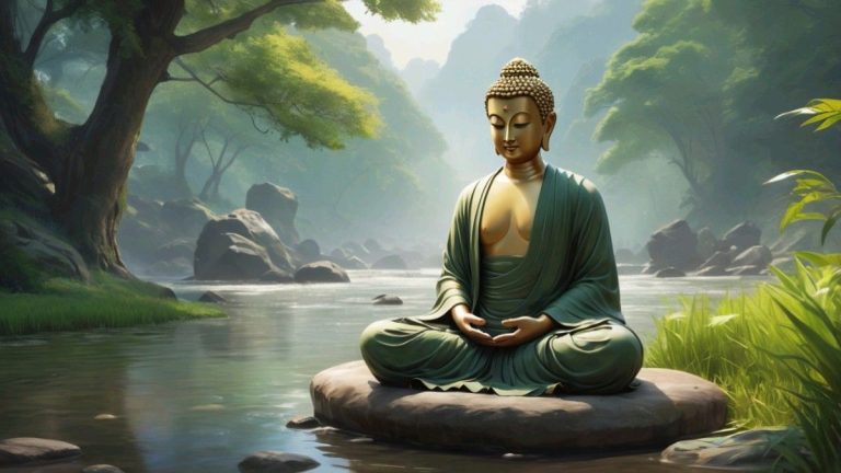 Statue de Bouddha méditant au bord d'un lac.