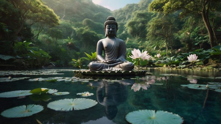 Statue majestueuse d'un grand Bouddha en méditation dans un cadre serein et paisible.