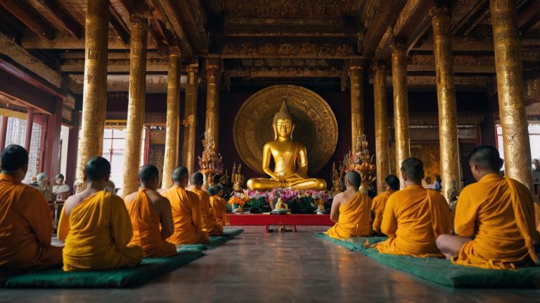 Image d'un temple bouddhiste avec une grande statue de Bouddha entourée de moines et de fidèles en prière et méditation, dans un cadre naturel serein et verdoyant.