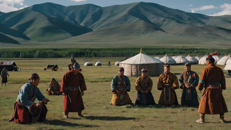 Illustration d'une scène traditionnelle de la République de Tuva avec des chanteurs de gorge et des lutteurs de Khuresh