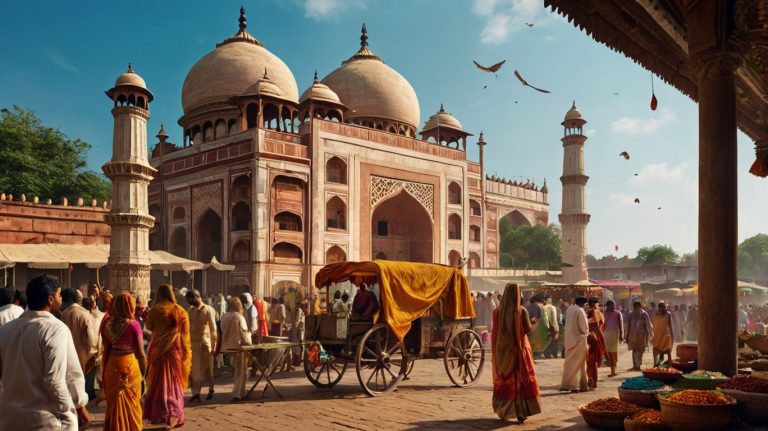 Illustration d'un marché coloré en Inde, avec des étals de légumes, des épices et des personnes en vêtements traditionnels.