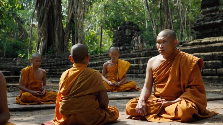 Illustration représentant le bouddhisme laotien et les autres religions présentes au Laos, avec des temples et des moines.