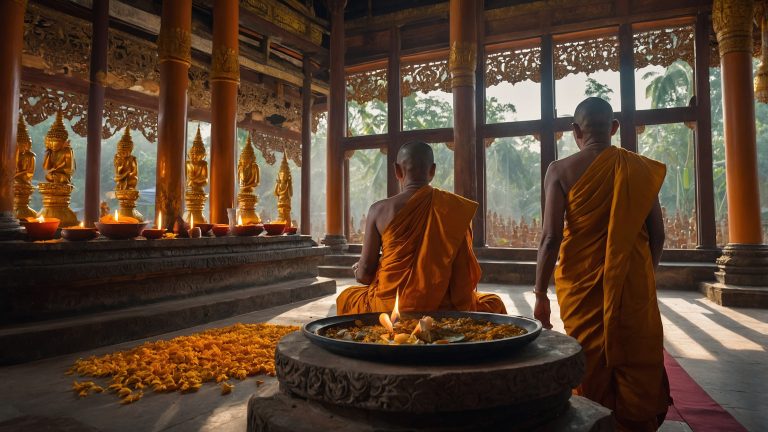 Cérémonie bouddhiste Theravada dans un temple traditionnel du Sri Lanka, moines en robes safran entourés de symboles spirituels