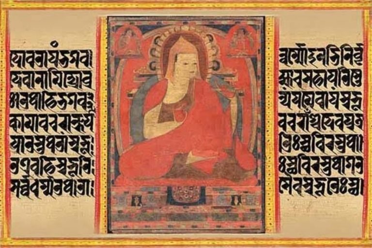 Fresque bouddhiste représentant Atisha Dipankara Shrijnana, symbole de la transmission spirituelle du bouddhisme tibétain