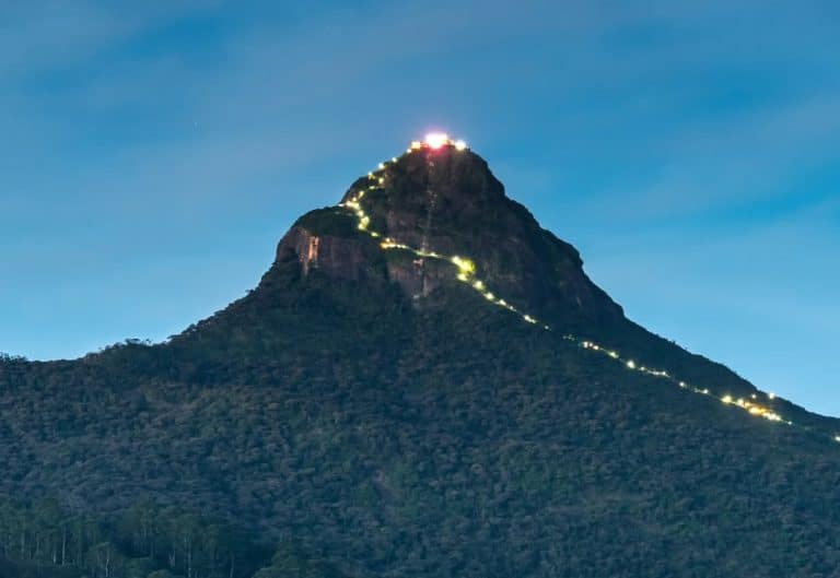Vue nocturne du Pic d’Adam illuminé par la file de pèlerins montant vers le sommet, au cœur des montagnes du Sri Lanka.