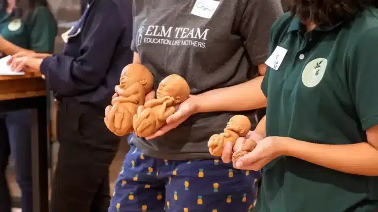Personnes tenant des modèles anatomiques de fœtus de différentes tailles lors d’un atelier éducatif sur la grossesse et la vie prénatale.
